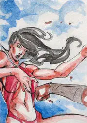 Stylized illustration of a woman in red by Jez Rojales on a Vampirella sketch card