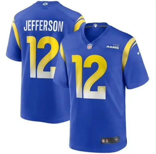 Two blue Van Jefferson Los Angeles Rams Nike player game jerseys with yellow and white number 12