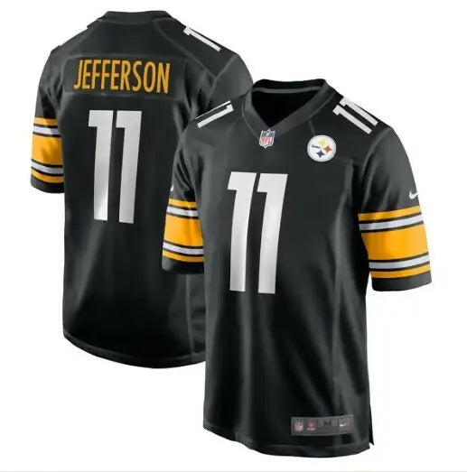 Black Van Jefferson Pittsburgh Steelers Nike Game Jersey with yellow and white accents and number 11