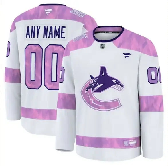 White Vancouver Canucks 2024 Hockey Fights Cancer practice jersey with purple and pink accents