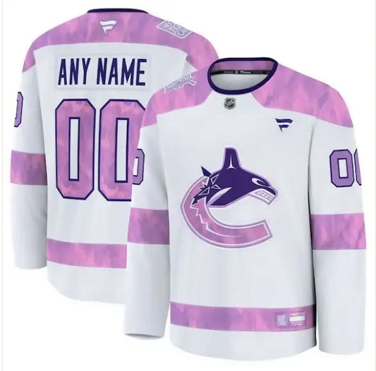 White Vancouver Canucks 2024 Hockey Fights Cancer practice jersey with purple and pink accents