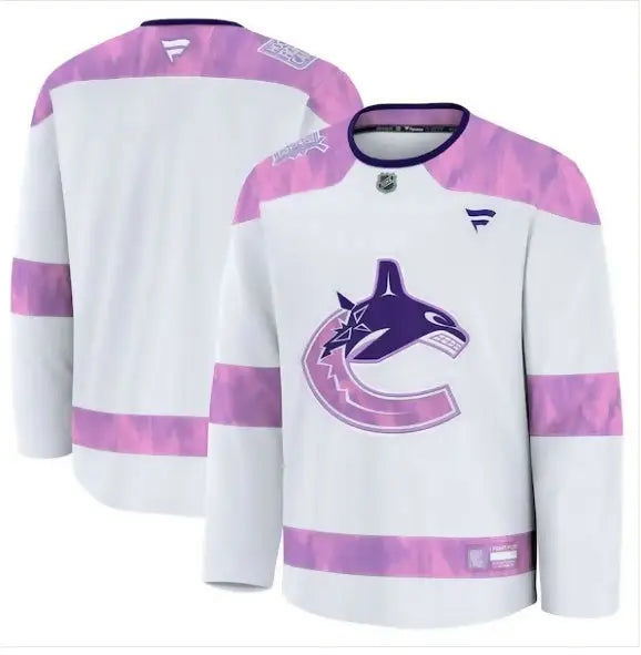White and purple Vancouver Canucks Hockey Fights Cancer practice jersey with Canucks logo