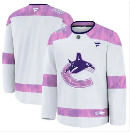 White and purple Vancouver Canucks Hockey Fights Cancer practice jersey with Canucks logo