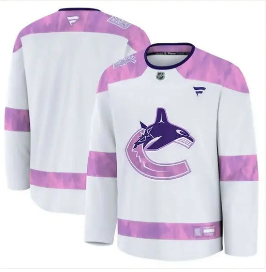 White and purple Vancouver Canucks Hockey Fights Cancer practice jersey with Canucks logo