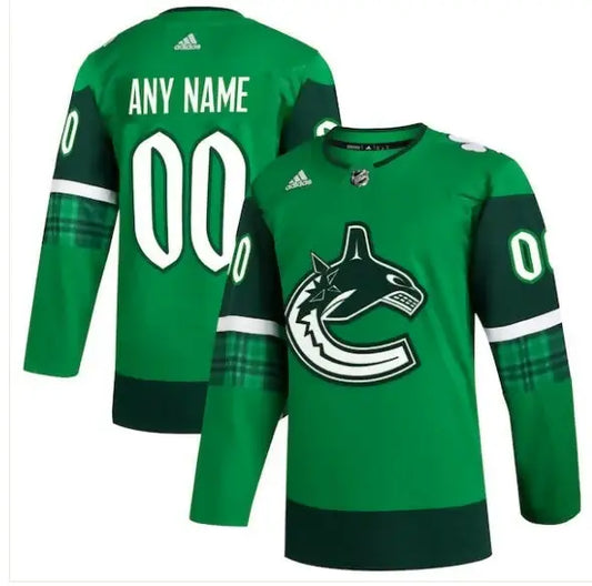 Green Vancouver Canucks adidas St. Patrick’s Day Authentic Custom Jersey displayed