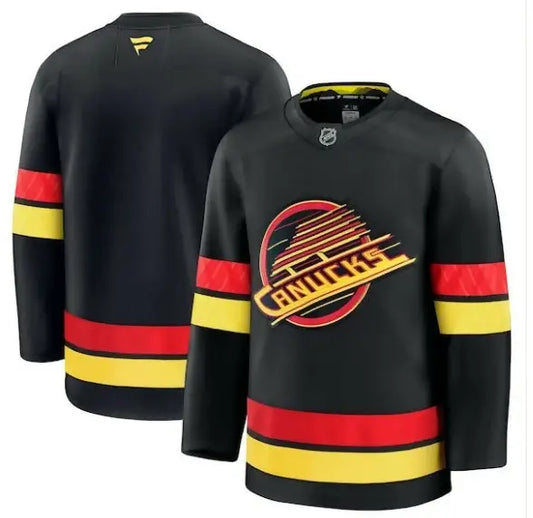 Black Vancouver Canucks alternate premium hockey jersey with red and yellow stripes