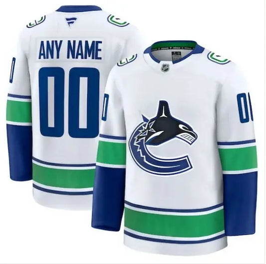 White Vancouver Canucks away premium custom hockey jersey with blue green accents and killer whale logo
