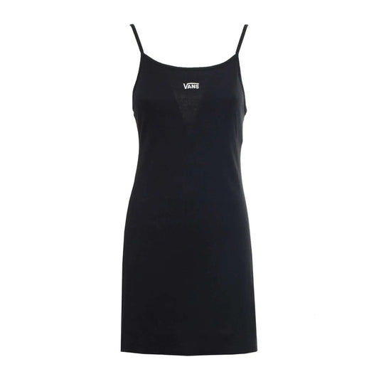 Black spaghetti strap mini dress with a white Vans center logo on the chest