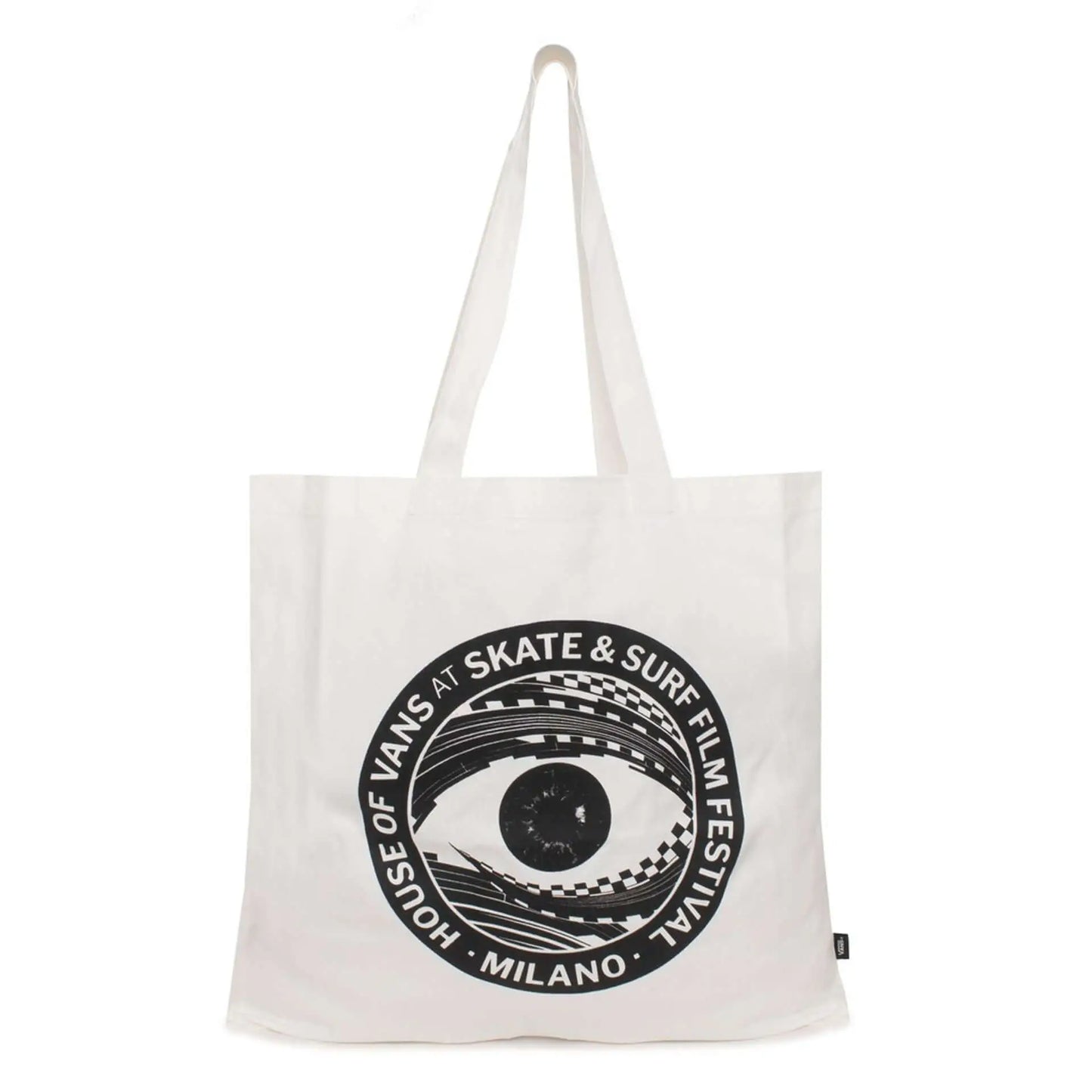 White fabric tote bag with black eye graphic from Vans Unisex Handbags collection