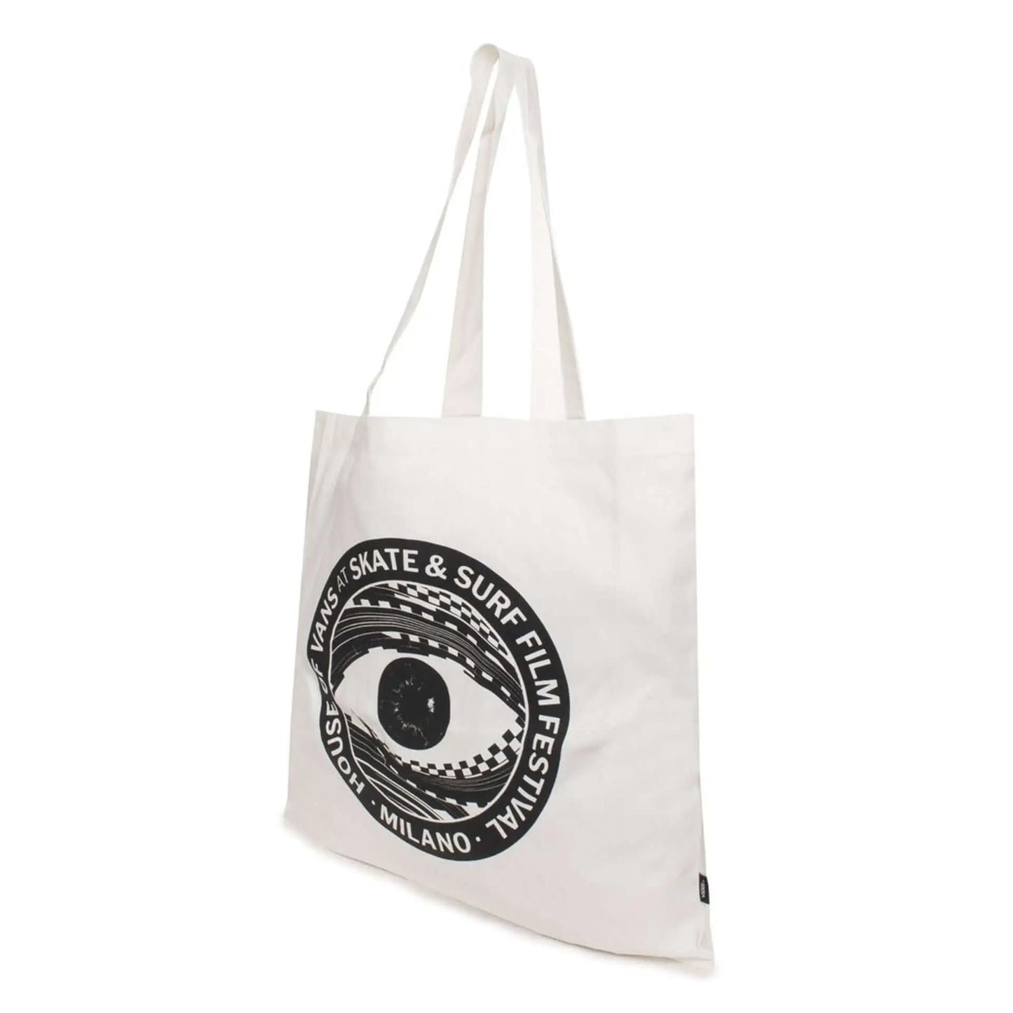 White fabric tote bag with black eye graphic from Vans Unisex graphic print handbags