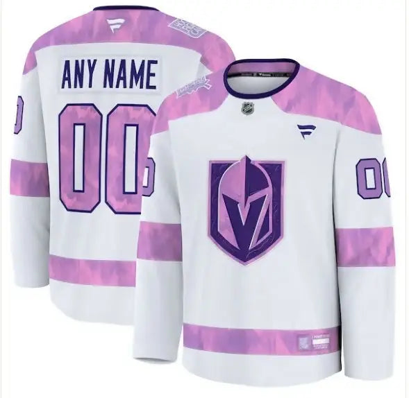 White and purple Vegas Golden Knights hockey fights cancer custom practice jersey