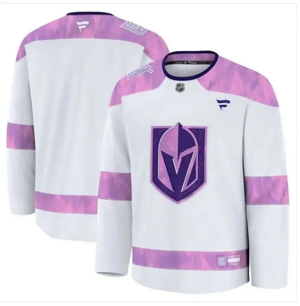 White Vegas Golden Knights hockey fights cancer practice jersey with purple and pink accents