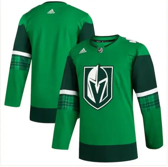 Vegas Golden Knights adidas 2023 St. Patrick’s Day Kelly Green jersey with knight’s helmet logo