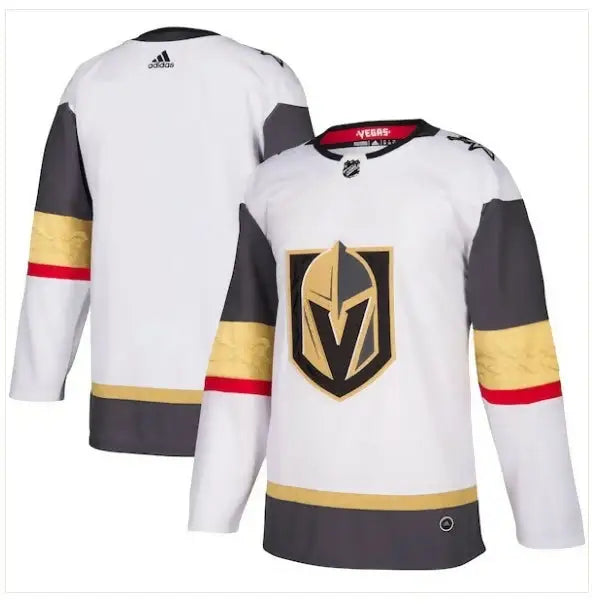 White and gold Vegas Golden Knights adidas away authentic jersey with knight helmet logo