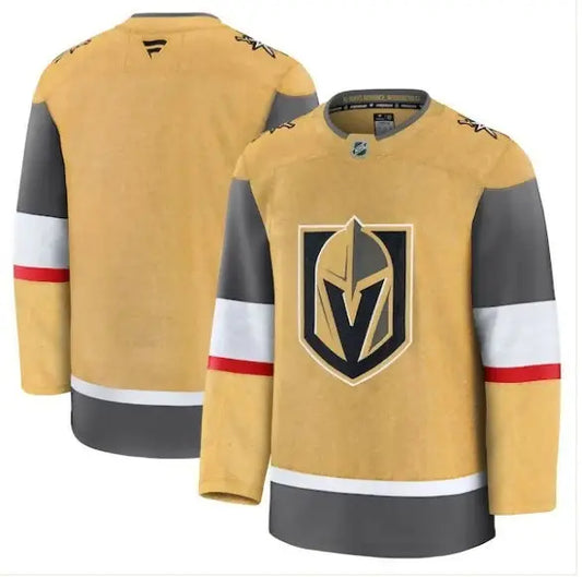 Vegas Golden Knights home premium jersey in gold and gray with shield logo