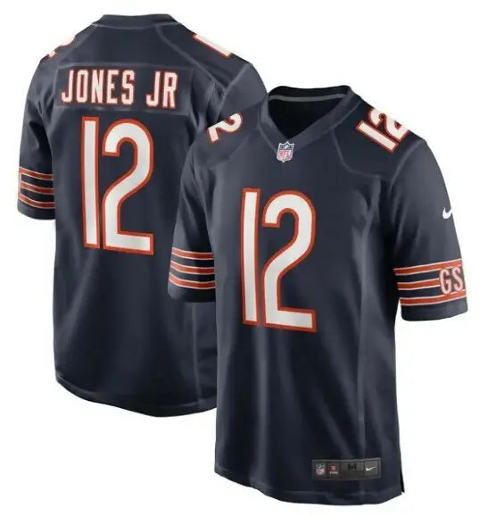 Dark blue Velus Jones Jr Chicago Bears Nike jersey with orange white accents and number 12