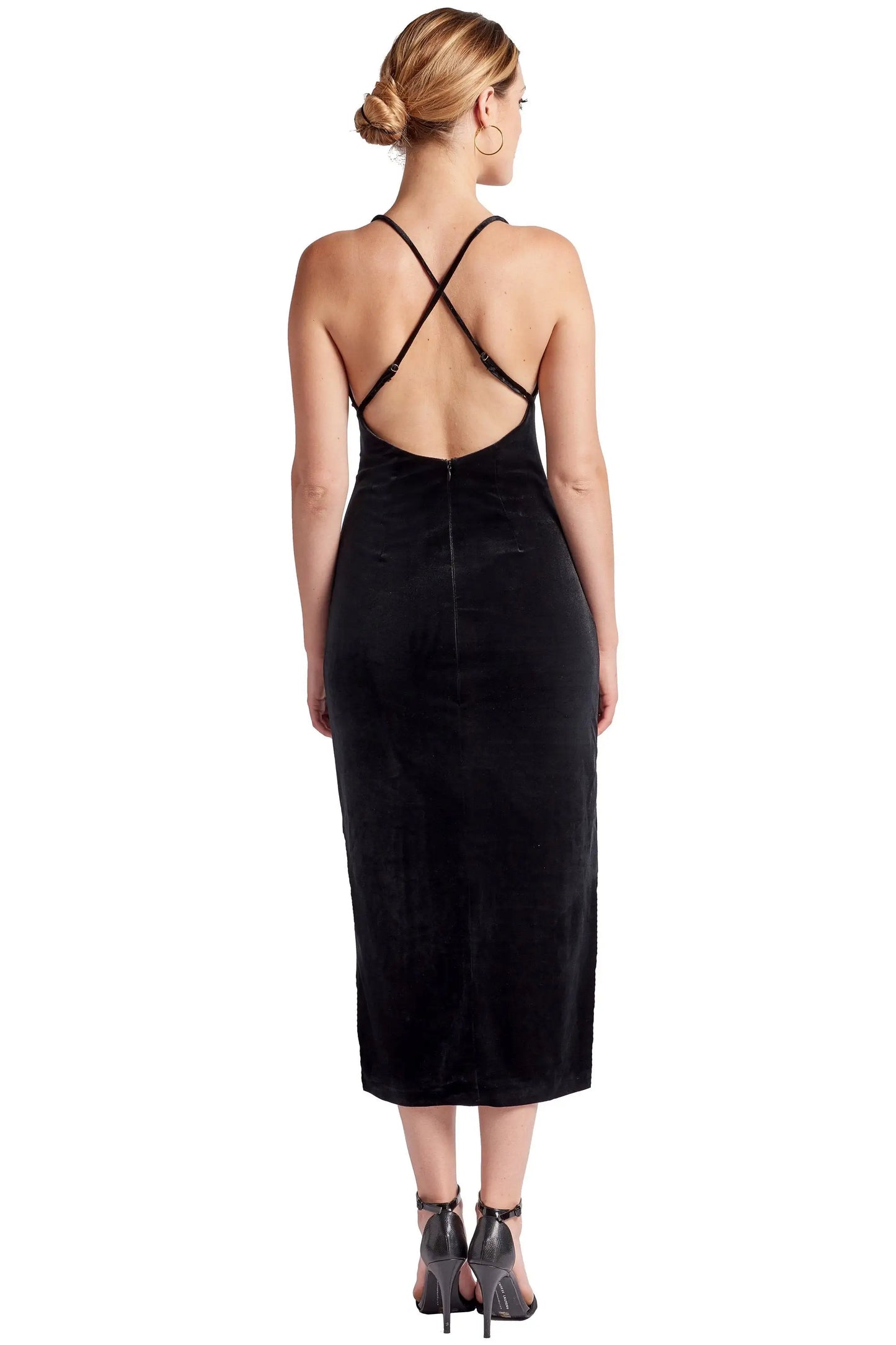 Women’s black velvet slip dress with thigh high slit and criss-cross back straps
