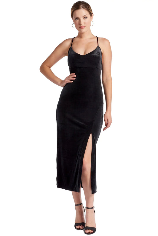 Women’s black velvet slip dress with thigh high slit and scooped back for elegant style