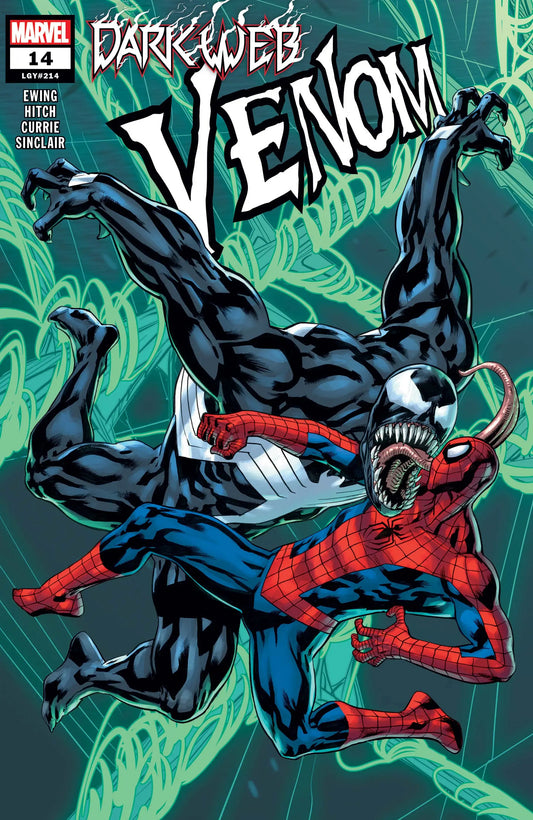 Venom #14 comic book cover featuring Venom and Spider-Man battling on a green background