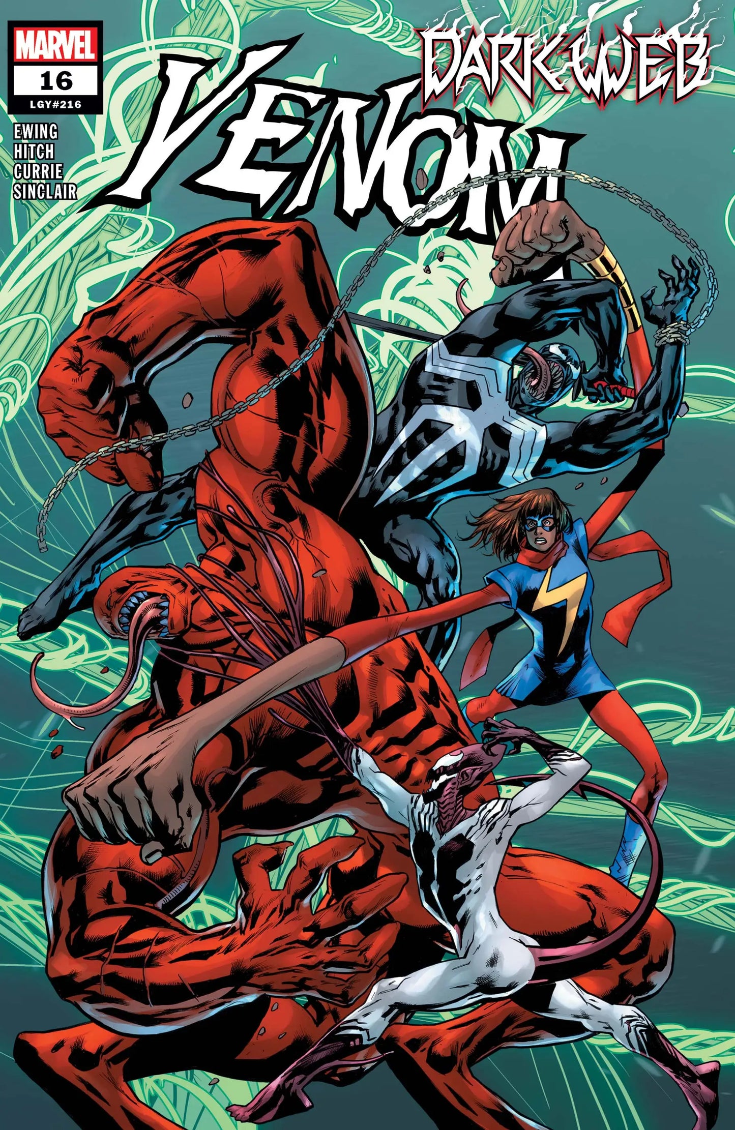 Comic book cover of Venom #16 with Venom and Carnage battling for trading cards fans