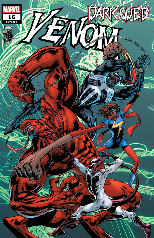 Comic book cover of Venom #16 with Venom and Carnage battling for trading cards fans