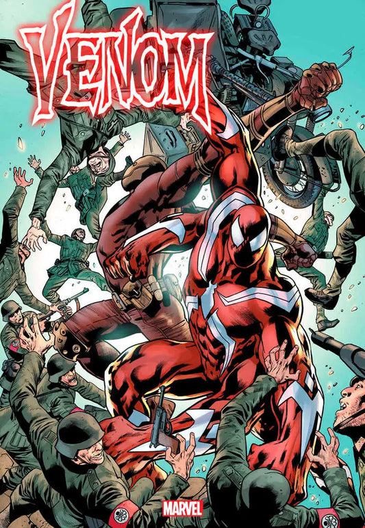 Comic book cover of Venom #22 in action pose with trading cards theme