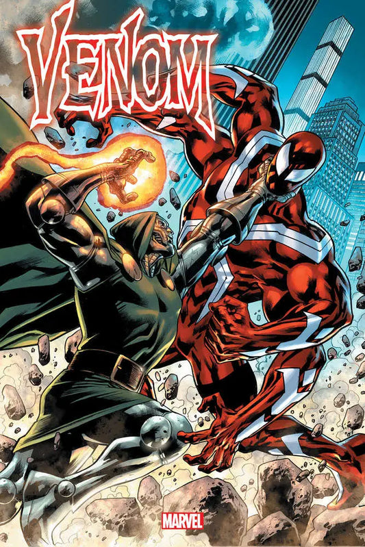 Comic book cover of Venom and Scarlet Spider battling, featured in Venom #25 trading cards