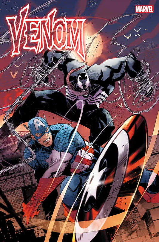 Comic book cover art of Venom vs Captain America for Venom #25 trading cards variant
