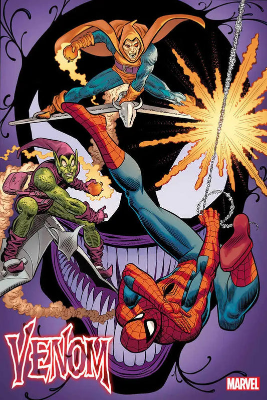 Comic book cover artwork of Spider-Man, Venom, and Hobgoblin battling for Venom #25 Jrjr & Jrsr Variant trading cards