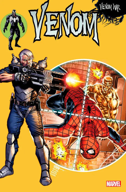 Comic book cover of Venom War featuring Venom, Spider-Man, and tactical character