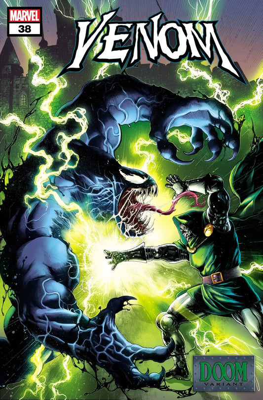 Comic book cover of VENOM #38 with green lightning effects for trading cards fans