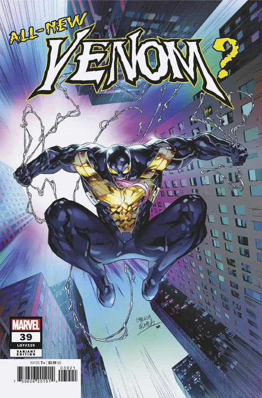 Venom leaping in black suit with yellow accents from Carlos Gomez Foreshadow Var cover