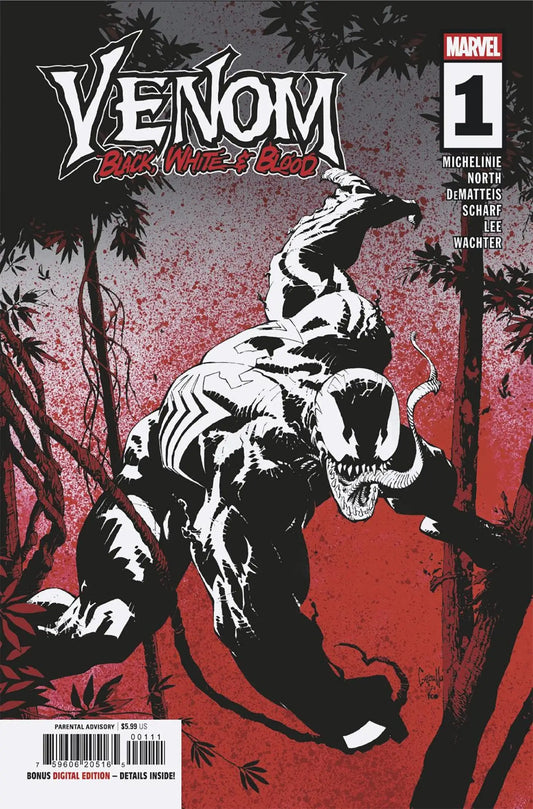 Comic book featuring Venom Black White & Blood #1, showcasing Venom Black White art style