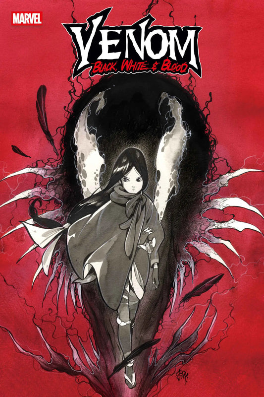 Comic book cover featuring stylized Venom artwork from Venom Black White & Blood #1 Peach Momoko Variant