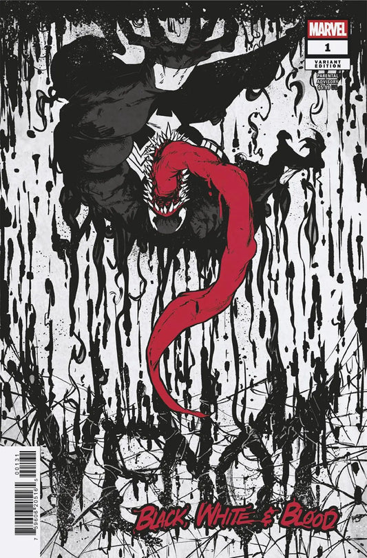 Venom comic book cover with red tongue on black and white background, Sanford Greene Variant