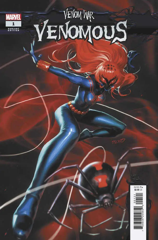 Comic book cover of Venom War Venomous #1 featuring a female superhero in blue suit