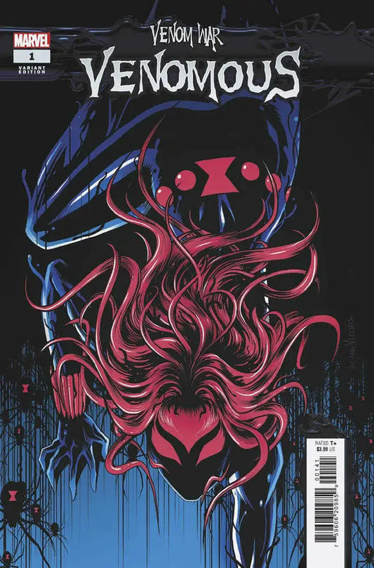 Sinister red and black symbiote from Venom War Luciano Vecchio Variant on dark backdrop