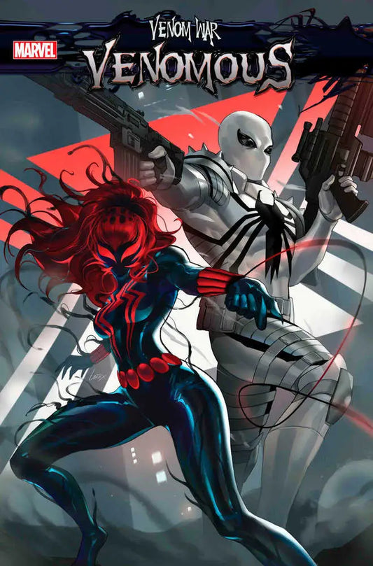 Comic book cover of Venom War featuring Spider-Man and Anti-Venom in battle action