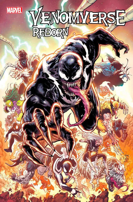 Venom symbiote creature leaps aggressively in Venomverse Reborn #1 trading card artwork