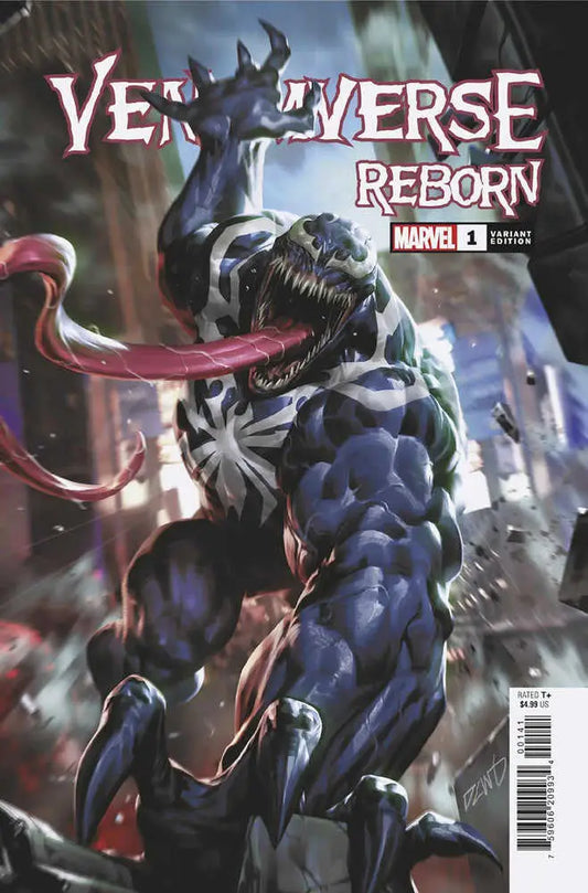 Menacing Symbiote with sharp teeth and long tongue on Venomverse Reborn #1 variant cover
