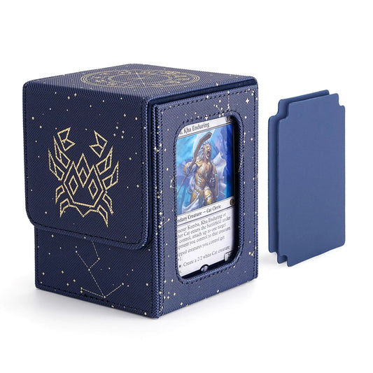 Blue Venssu deck box for double sleeved cards with dividers and toploader for TCG players