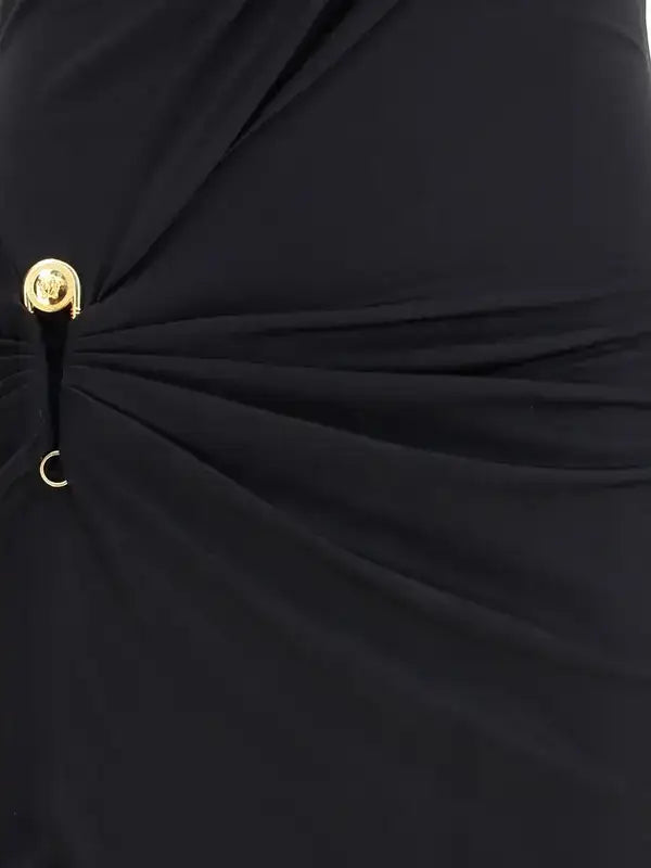 Versace black draped jersey long dress with gold button and ring detail