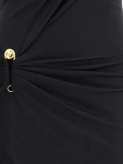 Versace black draped jersey long dress with gold button and ring detail