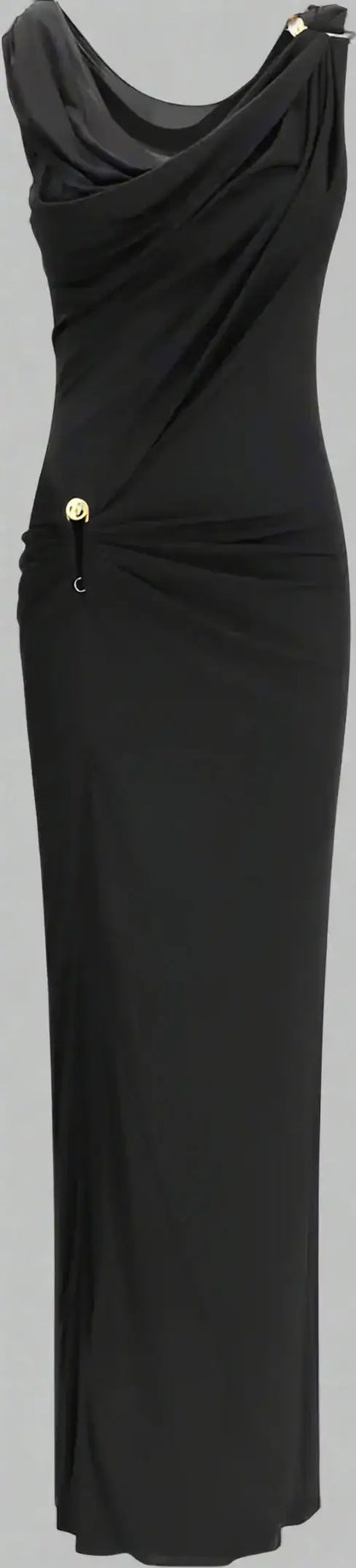Versace black draped jersey long dress with one-shoulder design and gold hardware