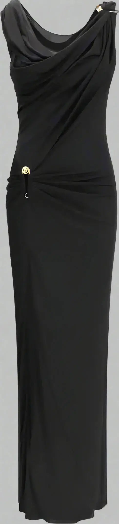 Versace black draped jersey long dress with one-shoulder design and gold hardware