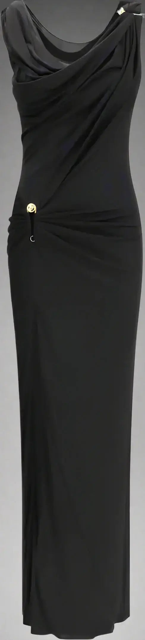 Versace black draped jersey long dress with sleeveless cowl neck and gold hardware