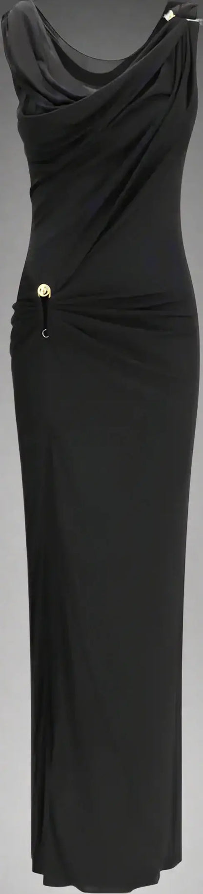 Versace black draped jersey long dress with sleeveless cowl neck and gold hardware