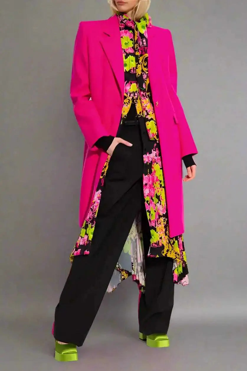 Long fuchsia pink Versace viscose coat with notched lapels for elegant winter wear