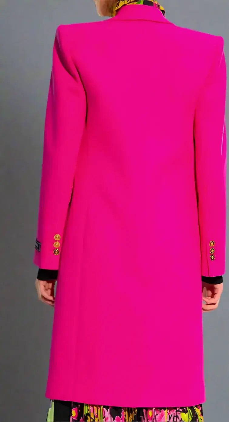 Long fuchsia pink Versace viscose blazer with gold cuff buttons