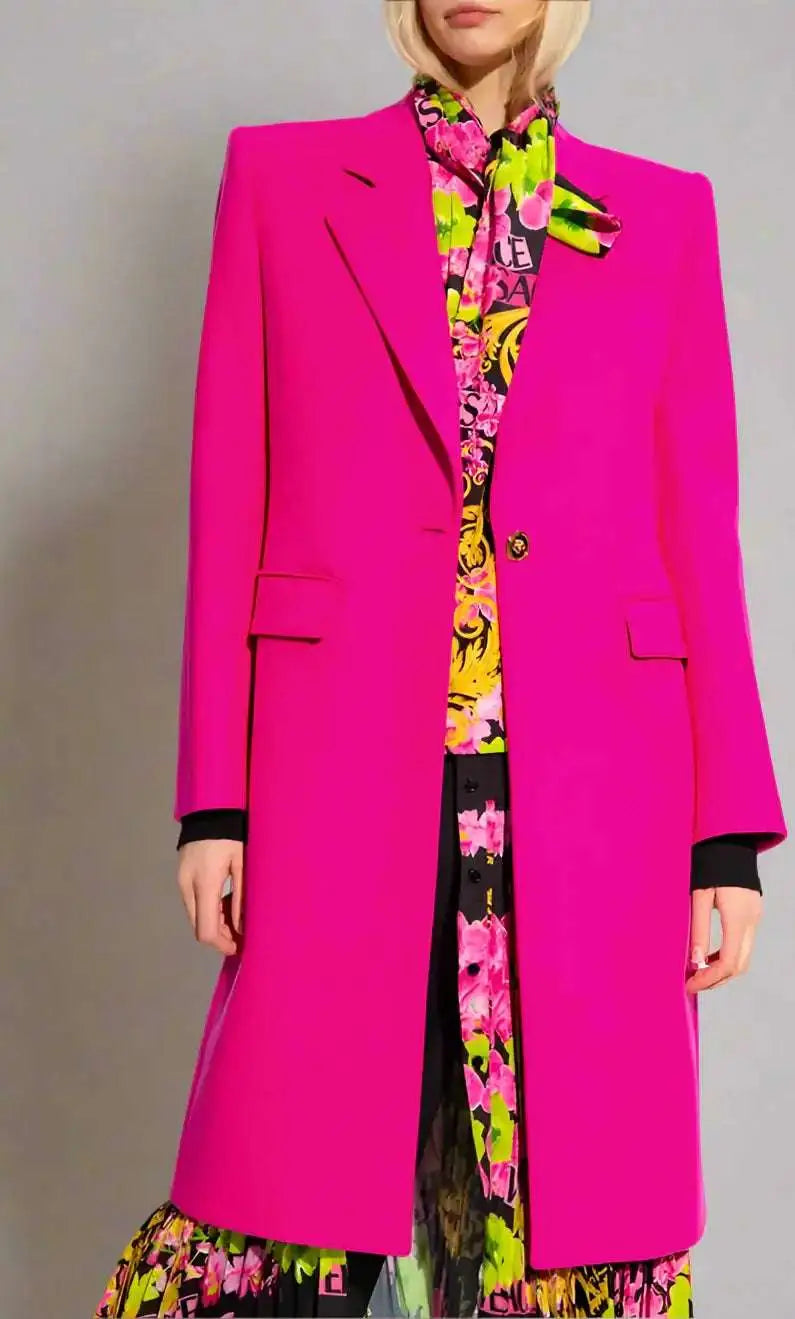 Versace Fuchsia Viscose Jacket featuring a vibrant pink single-breasted coat with flap pockets and notched lapel